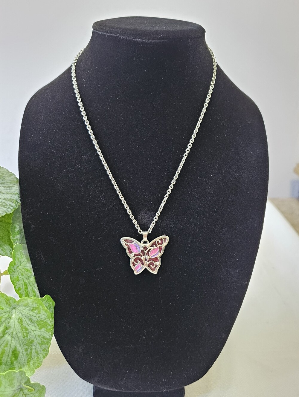 Silver Butterfly Pendant Necklace with Pink And Purple Inlay